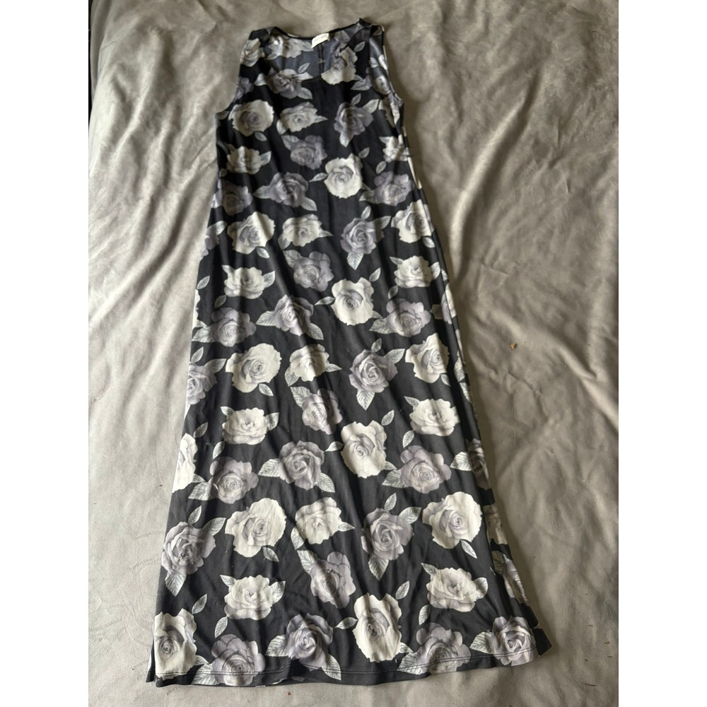 Vintage Exit Plus Womens 2XL Floral Maxi Dress Black Gray Rose Made in USA